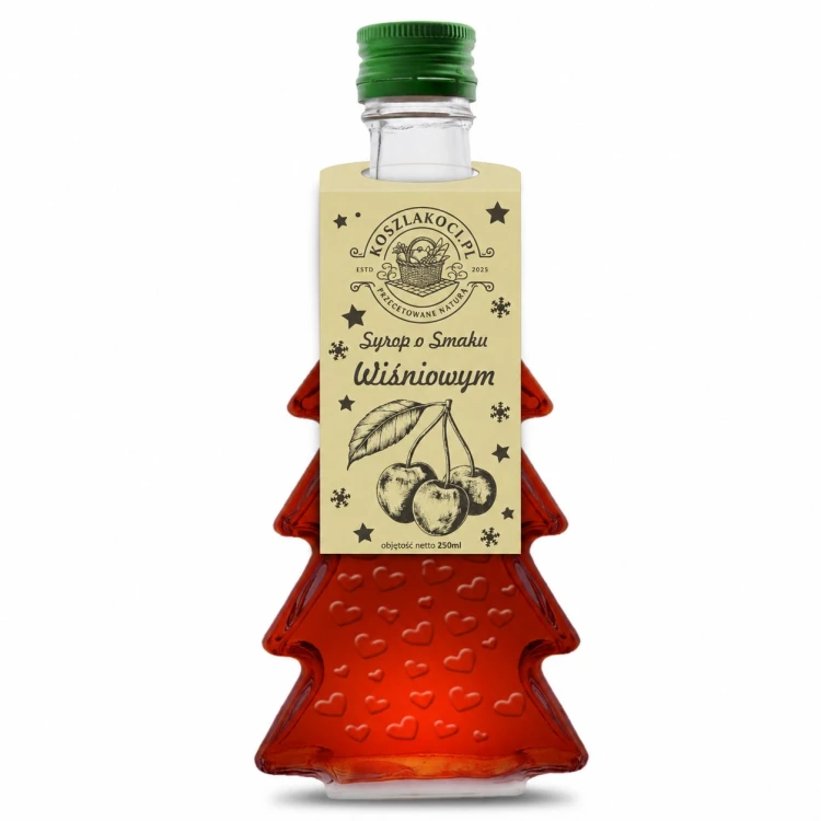 Zestaw 20 syropów o smaku wiśniowym w butelkach choinkach 250 ml w serca – zdjęcie produktowe