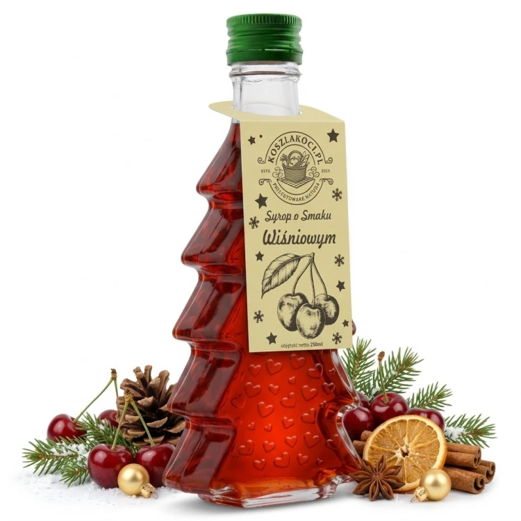 Zestaw 10 syropów o smaku wiśniowym w butelkach choinkach 250 ml w serca – zdjęcie produktowe pomarańcza