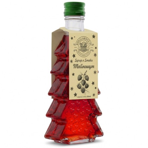 Zestaw 20 syropów o smaku malinowym w butelkach choinkach 250 ml w serca – zdjęcie produktowe jasne tło