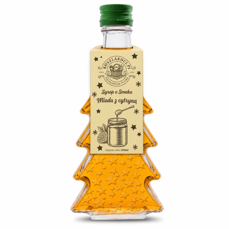 Zestaw 10 syropów o smaku miodu z cytryną w butelkach choinkach 250 ml w gwiazdki – zdjęcie produktowe
