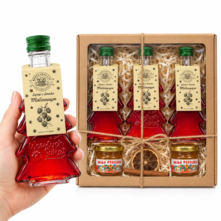 Zestaw prezentowy: 2× malina (gładka) + 1× malina (Wesołych Świąt) + 2 miody – miniatura, butelka w dłoni