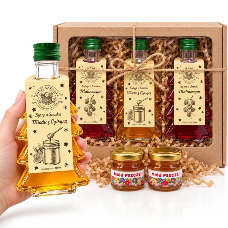 Zestaw prezentowy: 2× malina (gładka) + 1× miód z cytryną (gładka) + 2 miody – miniatura, butelka w dłoni