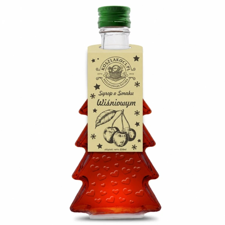 Syrop o smaku wiśnia – butelka choinka 250 ml, wzór serca (składnik zestawu)