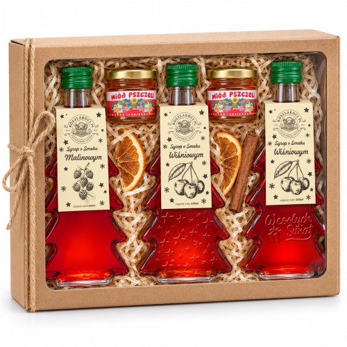 Świąteczny box syropów: 1× malina (gładka) + 1× wiśnia (gwiazdki) + 1× wiśnia (Wesołych Świąt) + 2 miody
