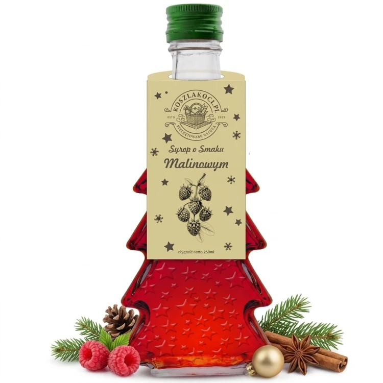 Syrop o smaku malinowym w szklanej butelce choince 250 ml w gwiazdki – maliny cynamon anyż