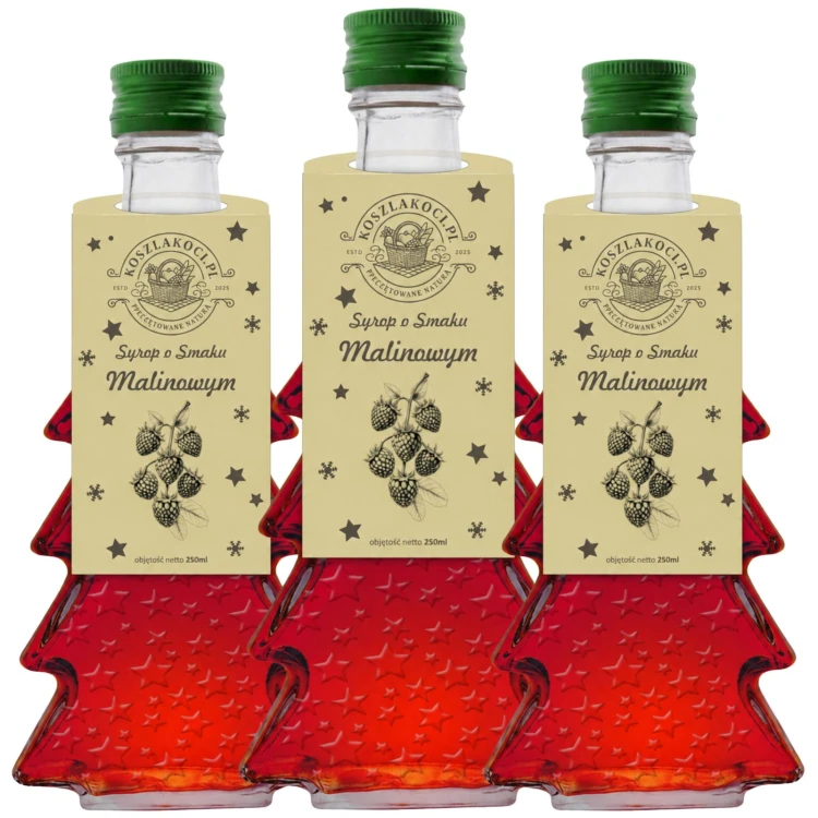 Syrop o smaku malinowym w szklanej butelce choince 250 ml w gwiazdki – zestaw 3 sztuk