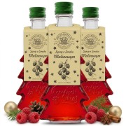 Syrop o smaku malinowym w szklanej butelce choince 250 ml z napisem Wesołych Świąt – trzy butelki białe tło
