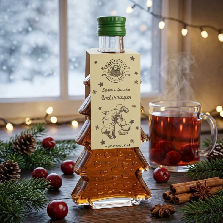 Syrop o smaku imbirowym w szklanej butelce choince 250 ml w serca – herbata lampki