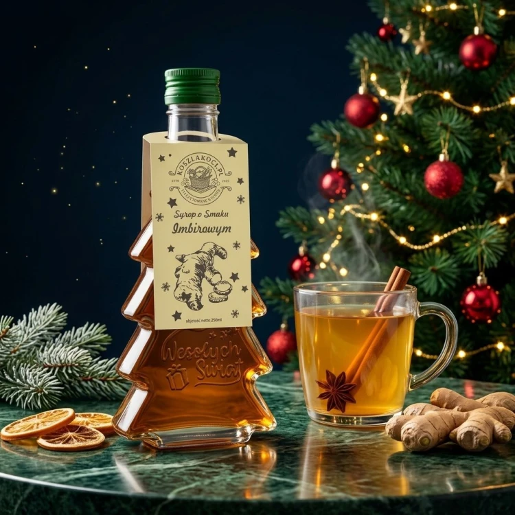 Syrop o smaku imbirowym w szklanej butelce choince 250 ml z napisem Wesołych Świąt – choinka herbata