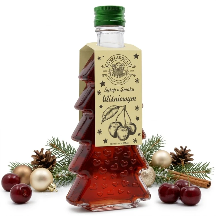Syrop o smaku wiśniowym w szklanej butelce choince 250 ml w serca – zdjęcie produktowe bombki wiśnie