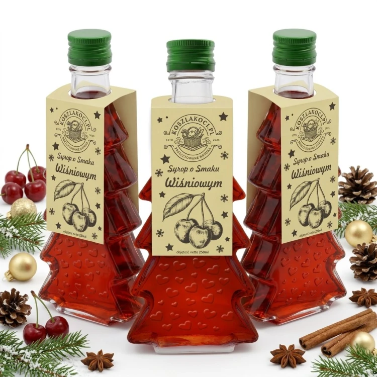 Syrop o smaku wiśniowym w szklanej butelce choince 250 ml w serca – trzy butelki anyż cynamon