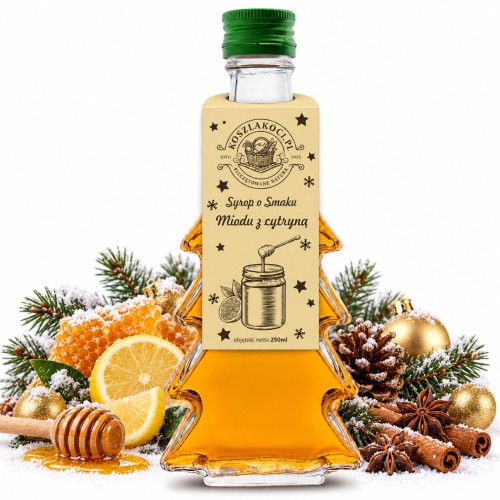 Syrop o smaku miodu z cytryną w gładkiej szklanej butelce choince 250 ml – zdjęcie produktowe miód cytryna