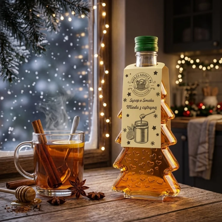 Syrop o smaku miodu z cytryną w szklanej butelce choince 250 ml w serca – zimowe okno herbata