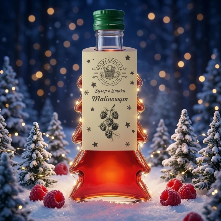 Syrop o smaku malinowym w gładkiej szklanej butelce choince 250 ml – śnieg choinki