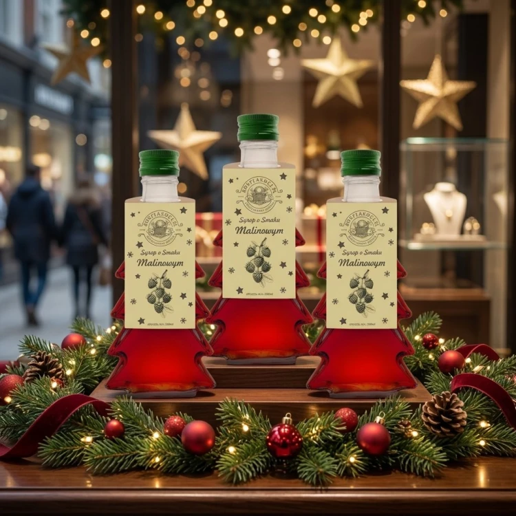Syrop o smaku malinowym w gładkiej szklanej butelce choince 250 ml – witryna sklepu