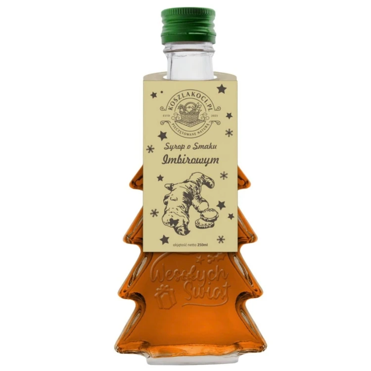 Zestaw 5 syropów o smaku imbirowym w butelkach choinkach 250 ml z napisem Wesołych Świąt – zdjęcie produktowe