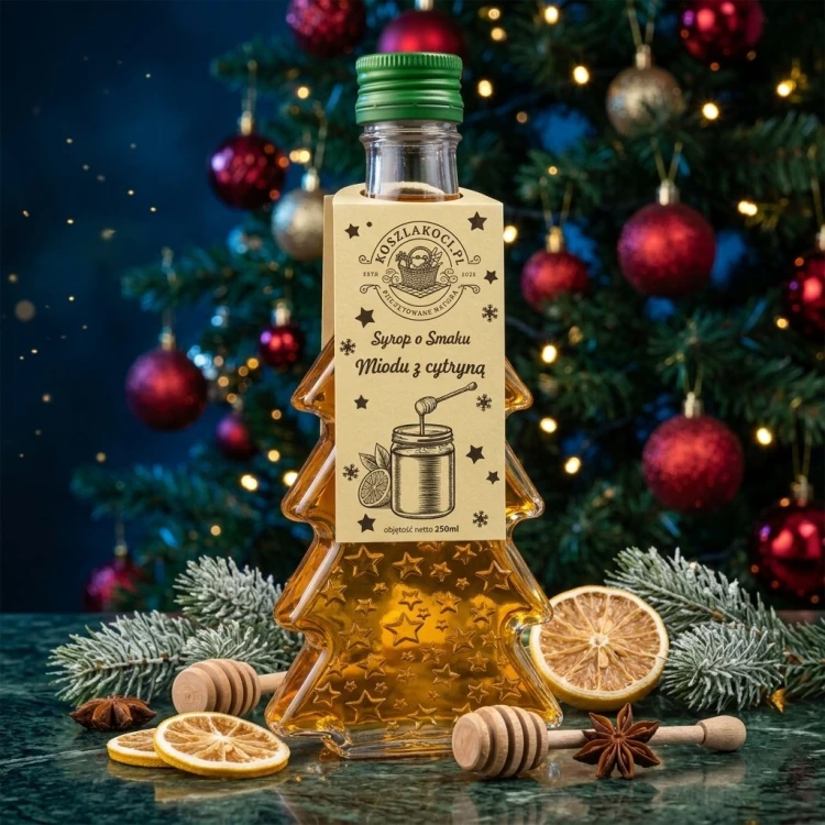 Zestaw 5 syropów o smaku miodu z cytryną w butelkach choinkach 250 ml w gwiazdki – choinka nocą