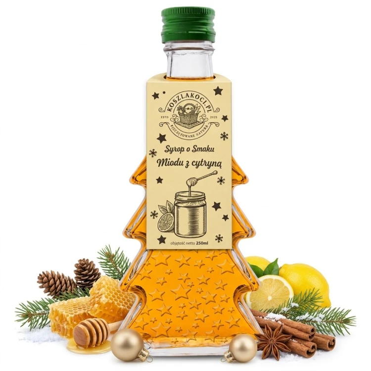 Zestaw 5 syropów o smaku miodu z cytryną w butelkach choinkach 250 ml w gwiazdki – zdjęcie produktowe miód cytryna