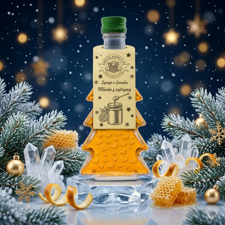 Zestaw 5 syropów o smaku miodu z cytryną w butelkach choinkach 250 ml w serca – lodowe kryształy