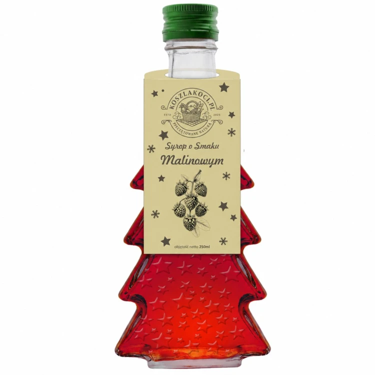 Zestaw 10 syropów o smaku malinowym w butelkach choinkach 250 ml w gwiazdki – zdjęcie produktowe