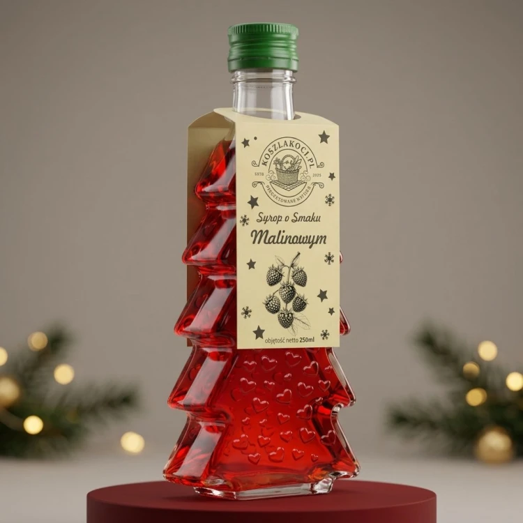 Zestaw 10 syropów o smaku malinowym w butelkach choinkach 250 ml w serca – podium czerwone