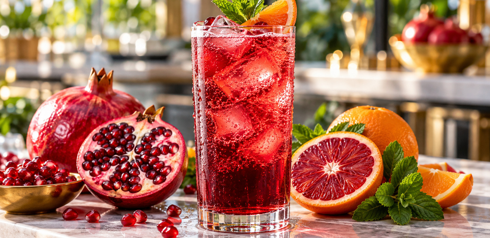 Czerwony napój w stylu mocktail z owocami granatu