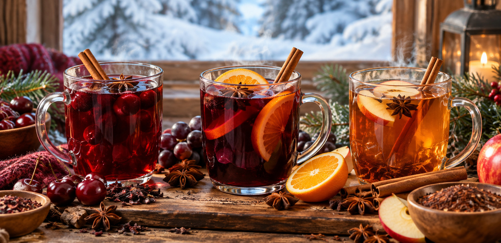 Trzy wersje grzańca bez alkoholu na zimowym stole