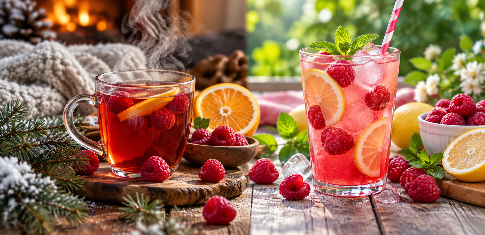 Herbata zimowa i lemoniada malinowa obok siebie
